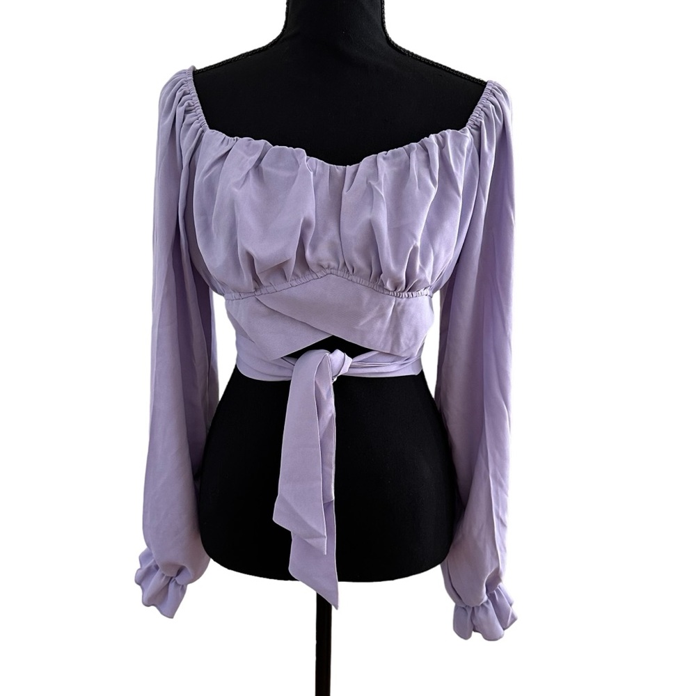 LYANER Women’s Long Sleeves Off Shoulder Criss Cross Tie Blouse Purple XL NWOT